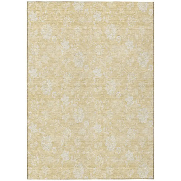 8' X 10' Yellow Wheat And Ivory Floral Washable Indoor Outdoor Area Rug
