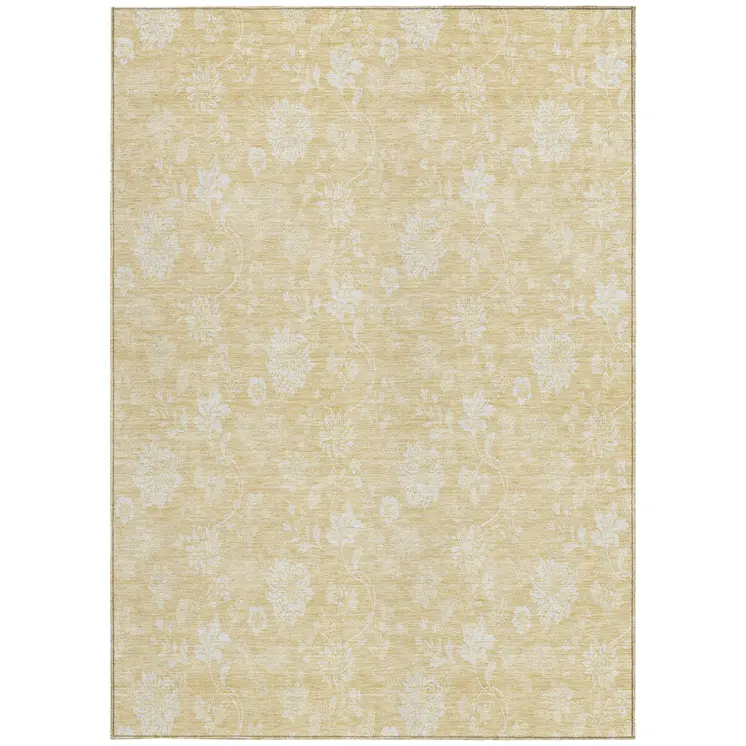 8' X 10' Yellow Wheat And Ivory Floral Washable Indoor Outdoor Area Rug