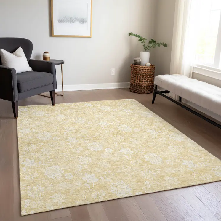 8' X 10' Yellow Wheat And Ivory Floral Washable Indoor Outdoor Area Rug