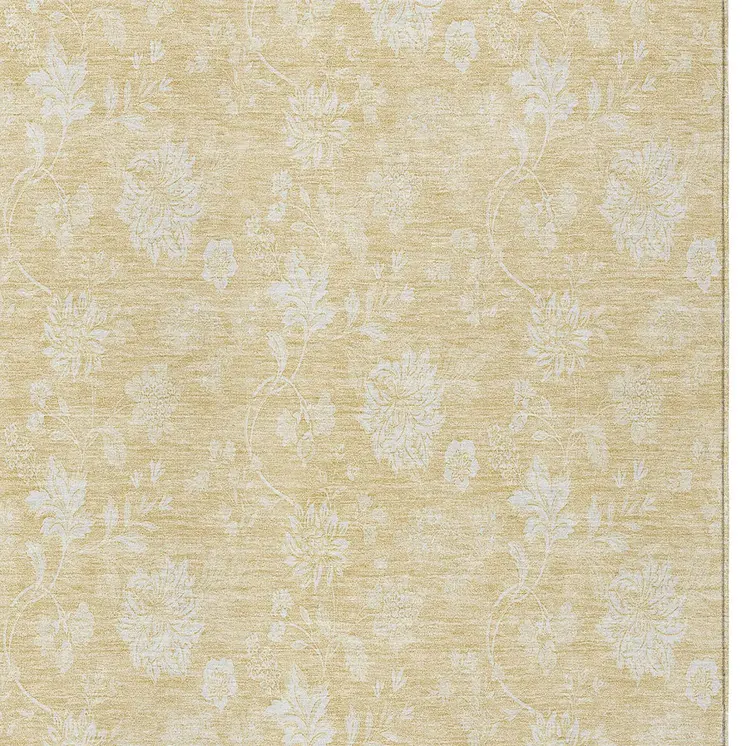 9' X 12' Yellow Wheat And Ivory Floral Washable Indoor Outdoor Area Rug