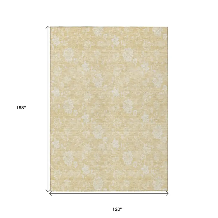 10' X 14' Yellow Wheat And Ivory Floral Washable Indoor Outdoor Area Rug