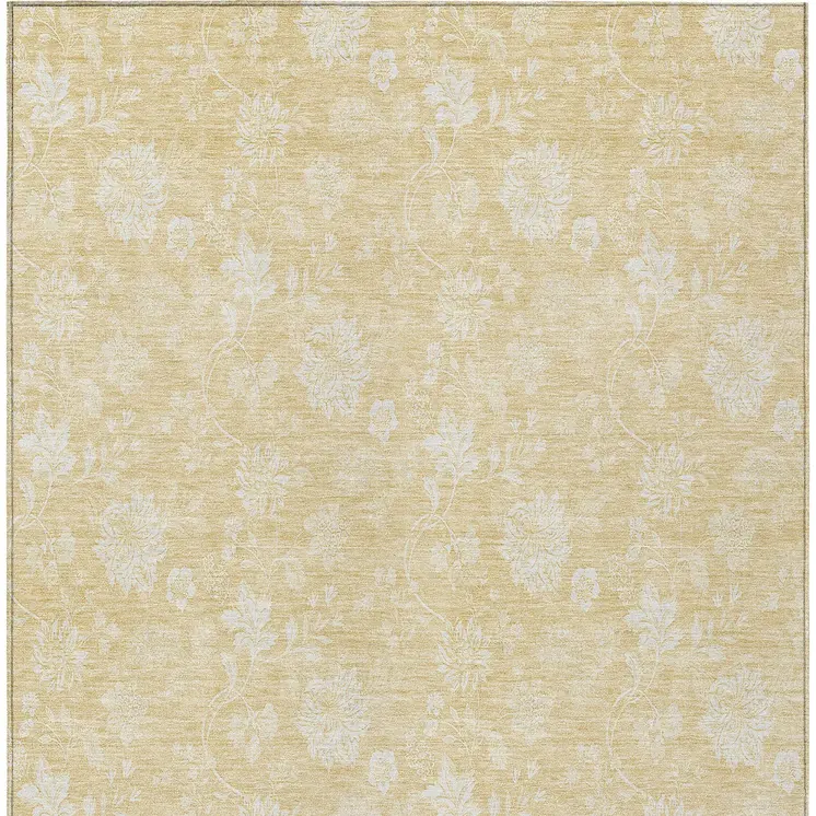 10' X 14' Yellow Wheat And Ivory Floral Washable Indoor Outdoor Area Rug