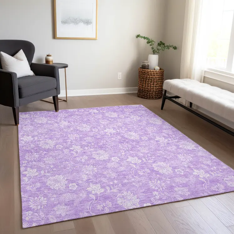 5' X 8' Lavender And Lilac Floral Washable Indoor Outdoor Area Rug
