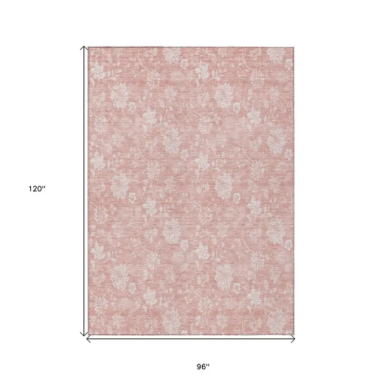 8' X 10' Pink Ivory And Blush Floral Washable Indoor Outdoor Area Rug