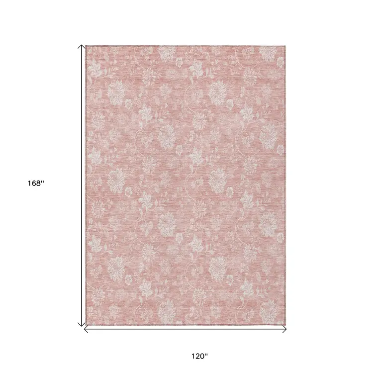 10' X 14' Pink Ivory And Blush Floral Washable Indoor Outdoor Area Rug
