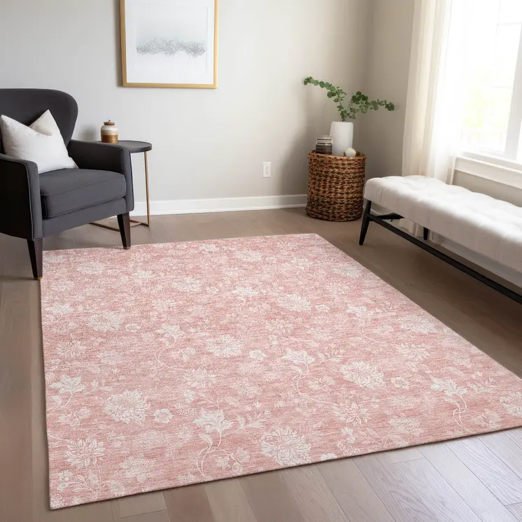 10' X 14' Pink Ivory And Blush Floral Washable Indoor Outdoor Area Rug