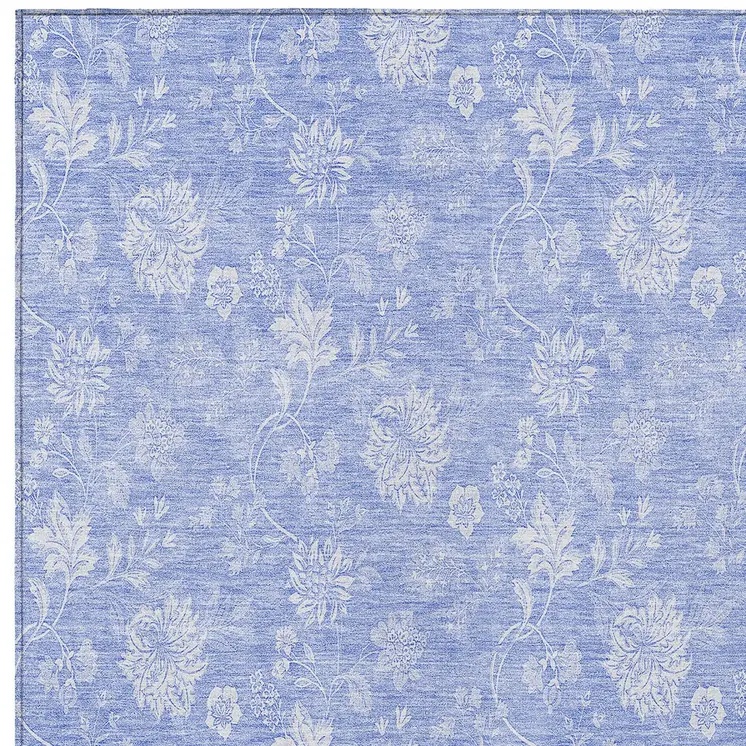 5' X 8' Sky Blue Denim Blue And Ivory Floral Washable Indoor Outdoor Area Rug