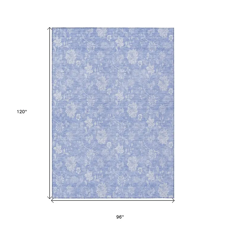 8' X 10' Sky Blue Denim Blue And Ivory Floral Washable Indoor Outdoor Area Rug