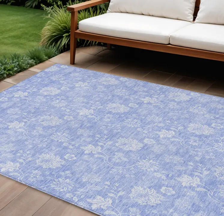 8' X 10' Sky Blue Denim Blue And Ivory Floral Washable Indoor Outdoor Area Rug