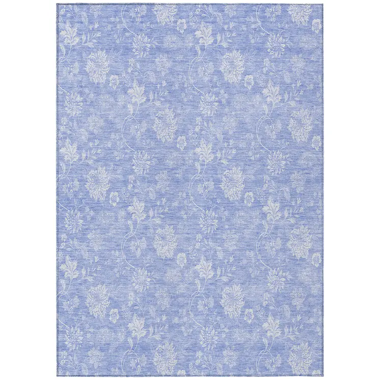 8' X 10' Sky Blue Denim Blue And Ivory Floral Washable Indoor Outdoor Area Rug
