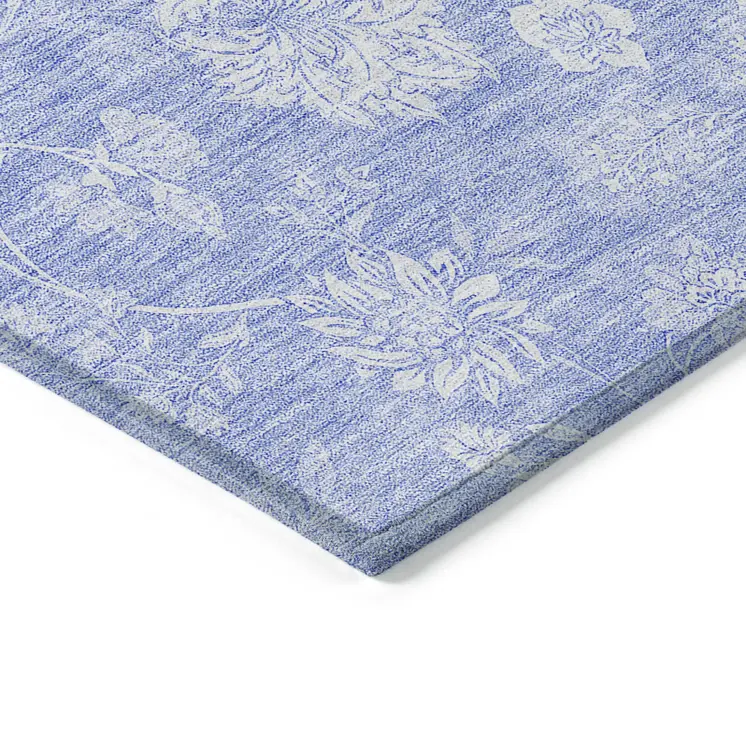 8' X 10' Sky Blue Denim Blue And Ivory Floral Washable Indoor Outdoor Area Rug