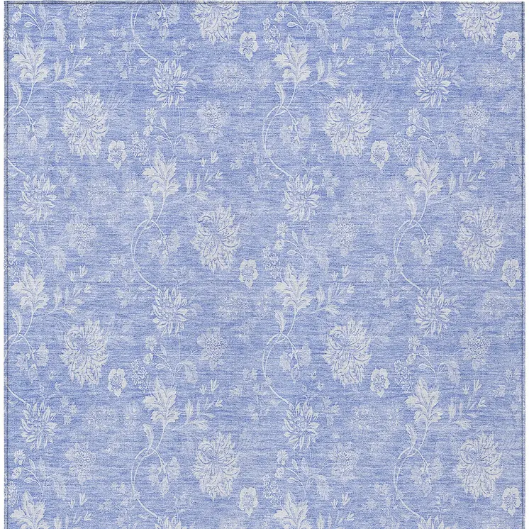 8' X 10' Sky Blue Denim Blue And Ivory Floral Washable Indoor Outdoor Area Rug