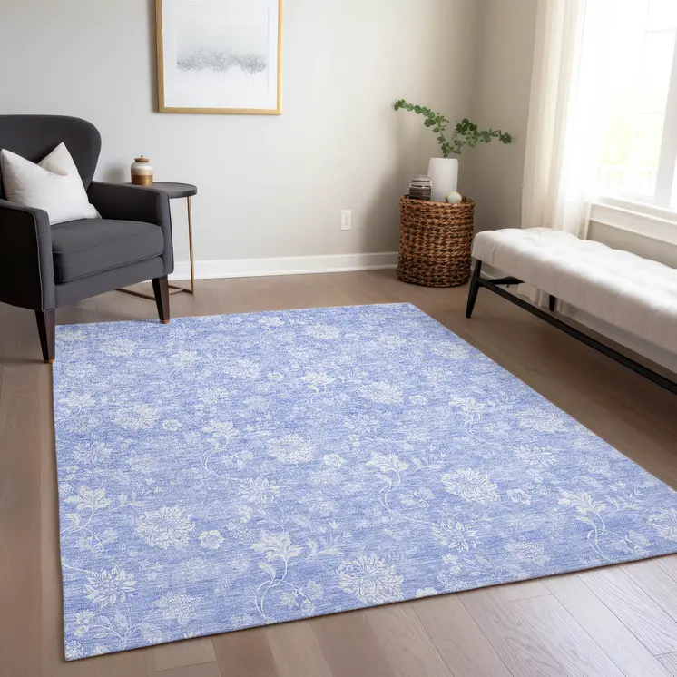 8' X 10' Sky Blue Denim Blue And Ivory Floral Washable Indoor Outdoor Area Rug