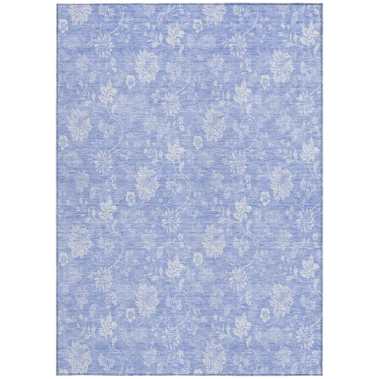 9' X 12' Sky Blue Denim Blue And Ivory Floral Washable Indoor Outdoor Area Rug
