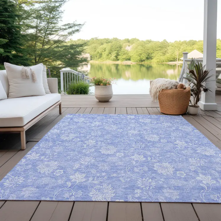 9' X 12' Sky Blue Denim Blue And Ivory Floral Washable Indoor Outdoor Area Rug