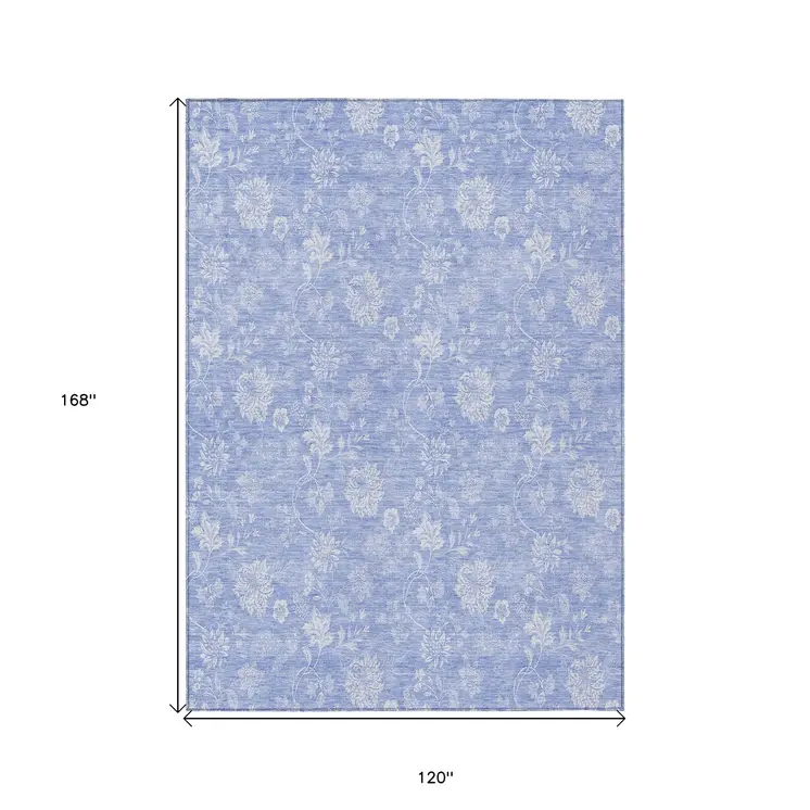10' X 14' Sky Blue Denim Blue And Ivory Floral Washable Indoor Outdoor Area Rug