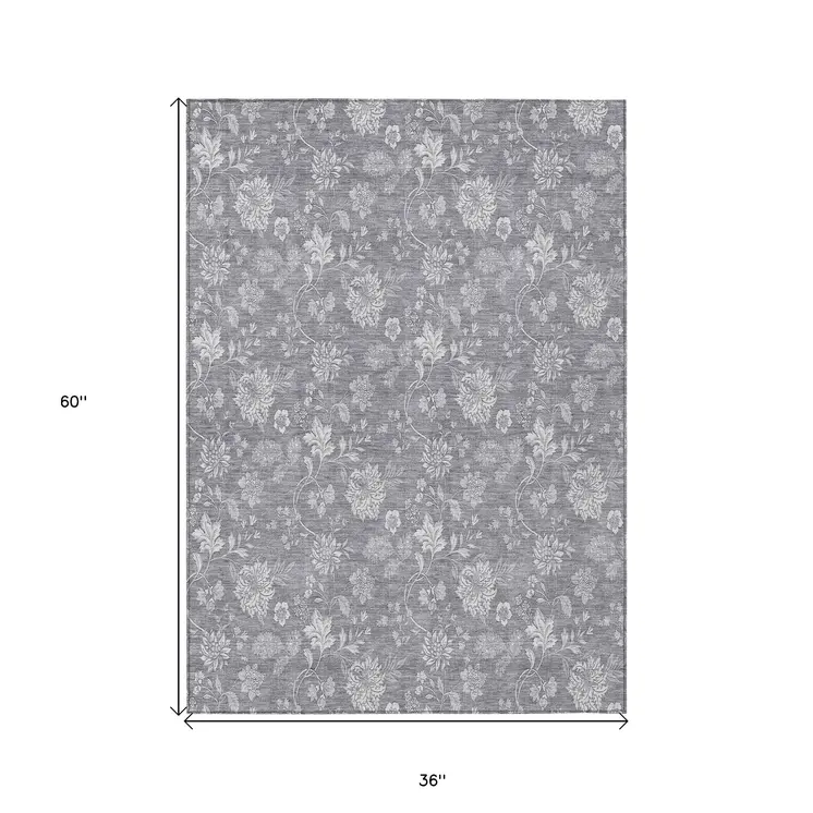 3' X 5' Gray Silver And Ivory Floral Washable Indoor Outdoor Area Rug