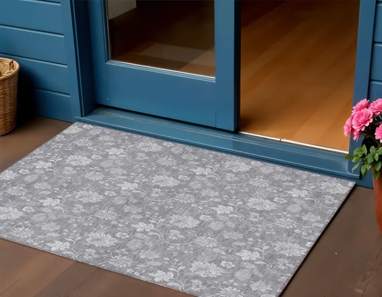 3' X 5' Gray Silver And Ivory Floral Washable Indoor Outdoor Area Rug