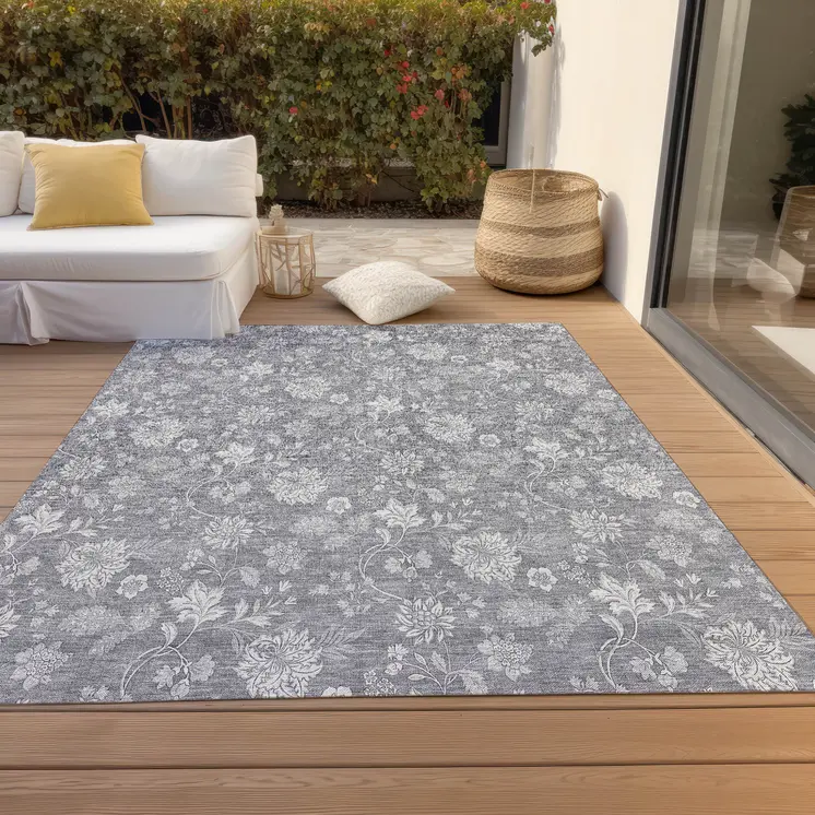 3' X 5' Gray Silver And Ivory Floral Washable Indoor Outdoor Area Rug