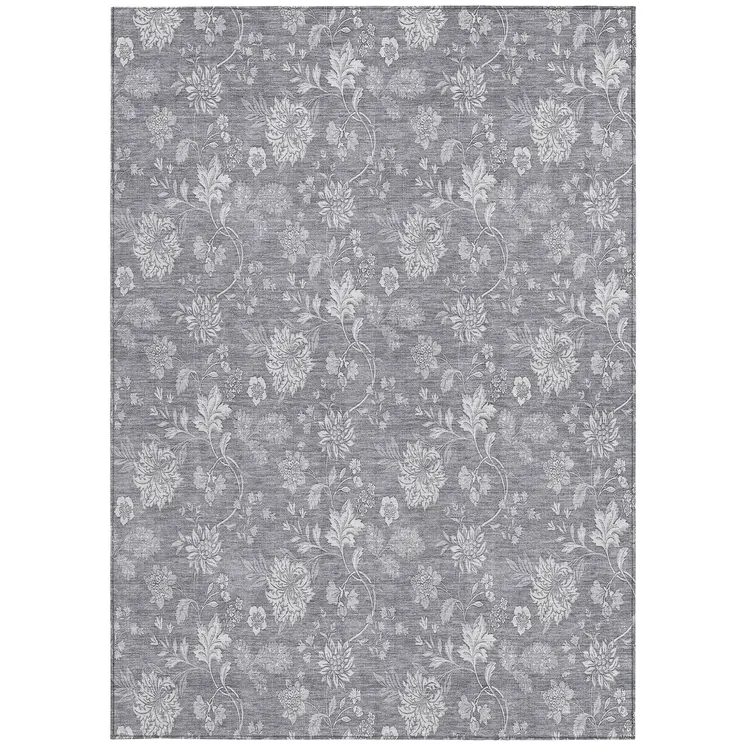 3' X 5' Gray Silver And Ivory Floral Washable Indoor Outdoor Area Rug