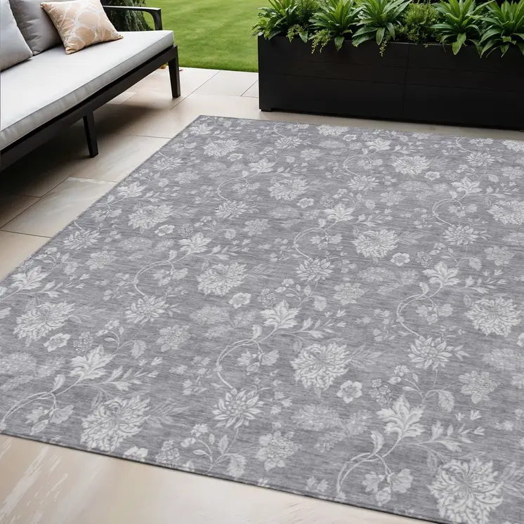 5' X 8' Gray Silver And Ivory Floral Washable Indoor Outdoor Area Rug