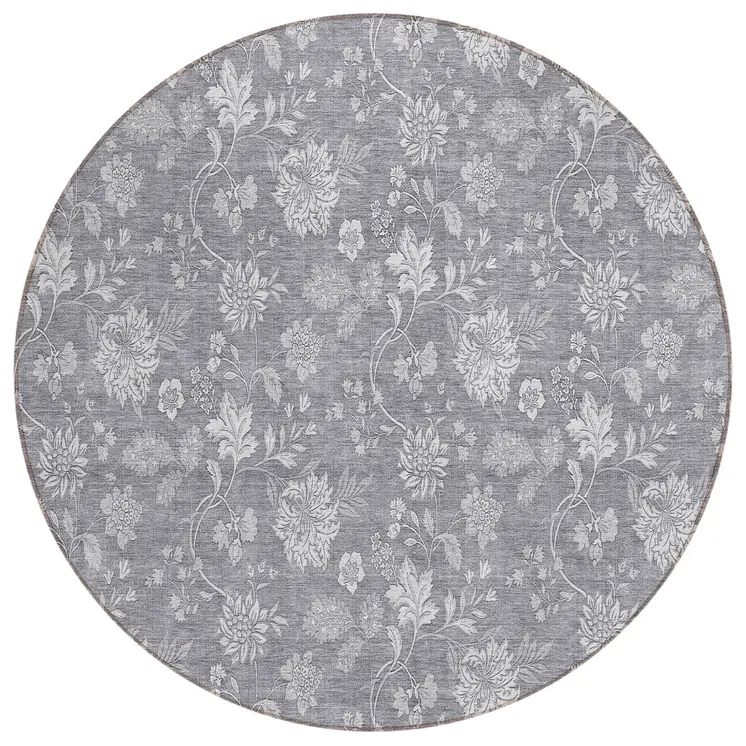 8' Gray Silver And Ivory Round Floral Washable Indoor Outdoor Area Rug