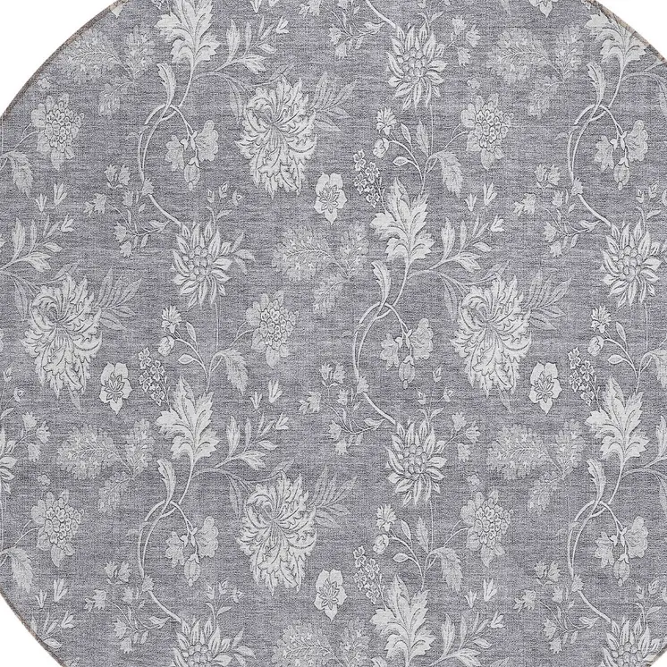 8' Gray Silver And Ivory Round Floral Washable Indoor Outdoor Area Rug