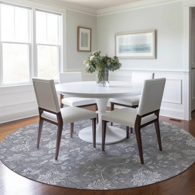 8' Gray Silver And Ivory Round Floral Washable Indoor Outdoor Area Rug