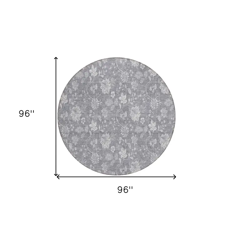 8' Gray Silver And Ivory Round Floral Washable Indoor Outdoor Area Rug