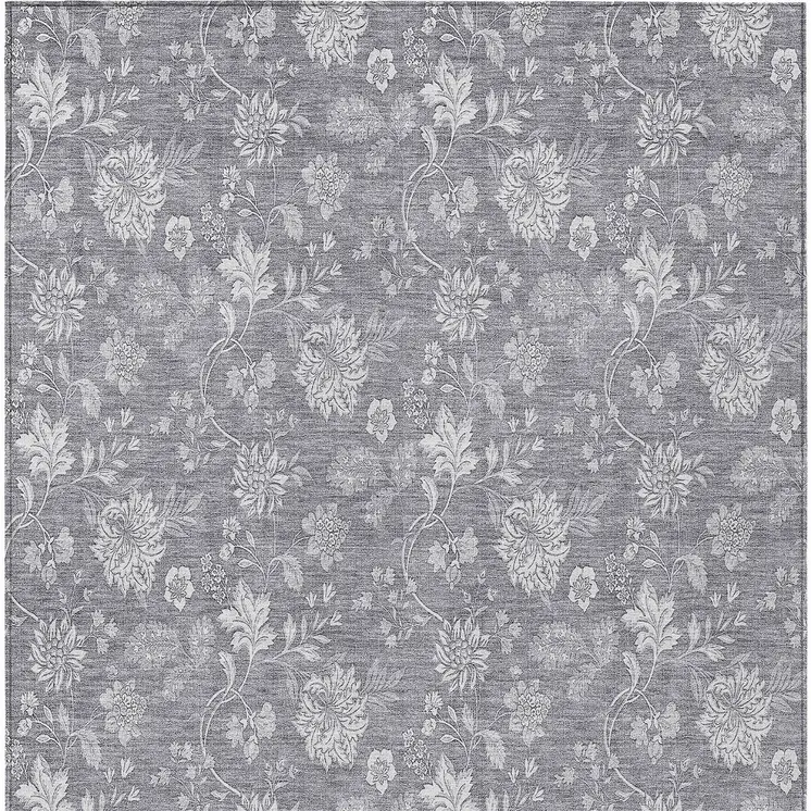 9' X 12' Gray Silver And Ivory Floral Washable Indoor Outdoor Area Rug