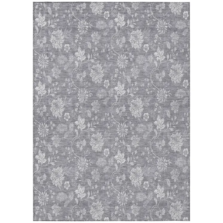 9' X 12' Gray Silver And Ivory Floral Washable Indoor Outdoor Area Rug
