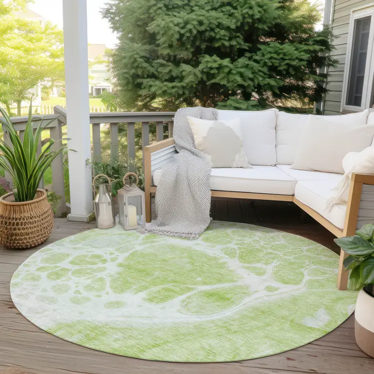 8' Artichoke Green And Ivory Round Nautical Washable Indoor Outdoor Area Rug
