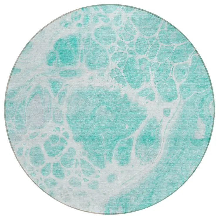 8' Aqua Teal Blue And Ivory Round Nautical Washable Indoor Outdoor Area Rug