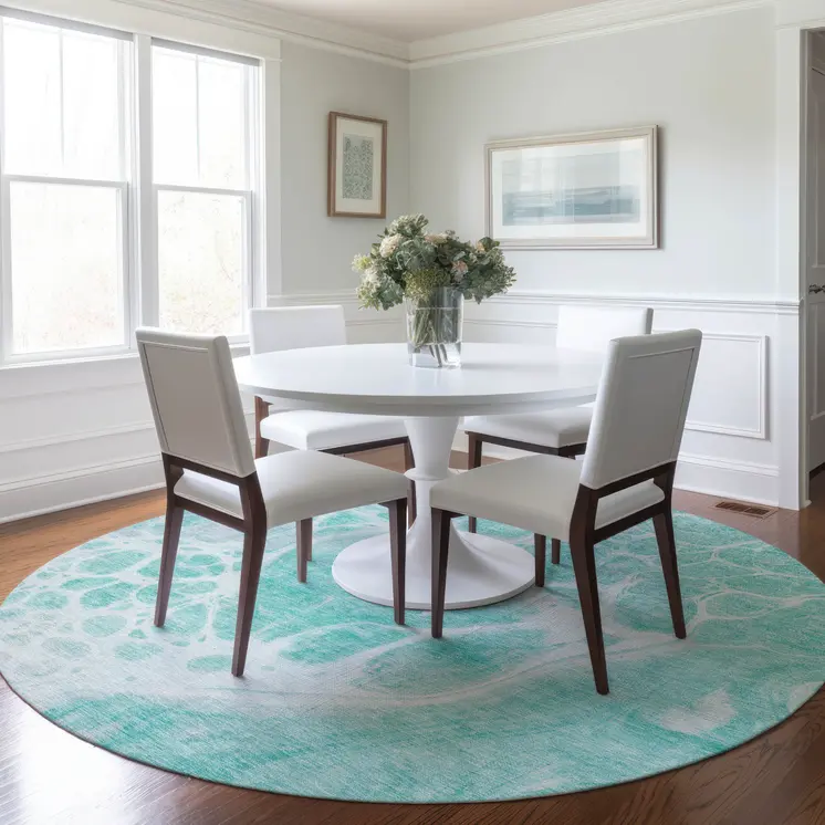 8' Aqua Teal Blue And Ivory Round Nautical Washable Indoor Outdoor Area Rug