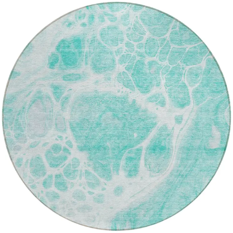 8' Aqua Teal Blue And Ivory Round Nautical Washable Indoor Outdoor Area Rug