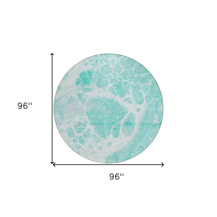 8' Aqua Teal Blue And Ivory Round Nautical Washable Indoor Outdoor Area Rug