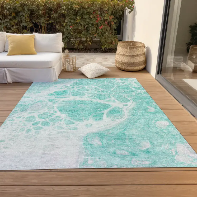 10' X 14' Aqua Teal Blue And Ivory Nautical Washable Indoor Outdoor Area Rug