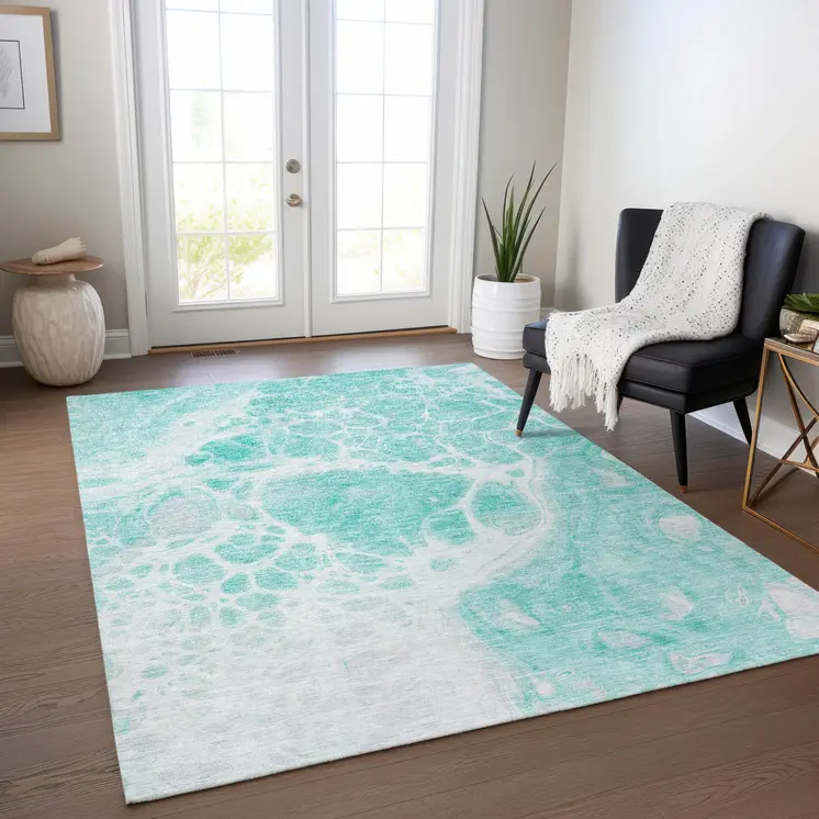 10' X 14' Aqua Teal Blue And Ivory Nautical Washable Indoor Outdoor Area Rug