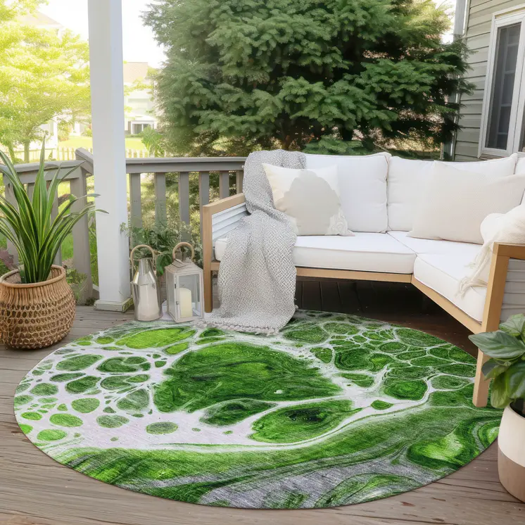 8' Lime Green And Gray Round Nautical Washable Indoor Outdoor Area Rug