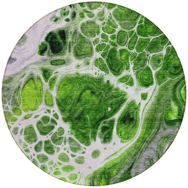8' Lime Green And Gray Round Nautical Washable Indoor Outdoor Area Rug