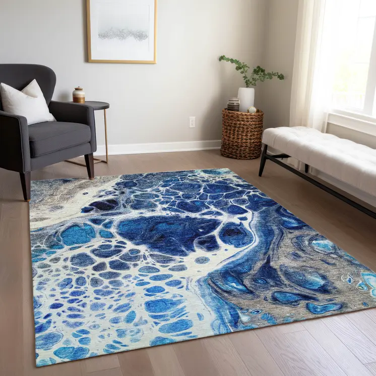 9' X 12' Navy Blue And Gray Nautical Washable Indoor Outdoor Area Rug