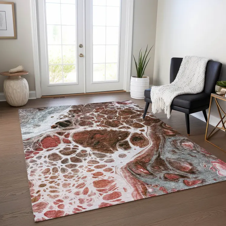 3' X 5' Red Copper And Gray Nautical Washable Indoor Outdoor Area Rug