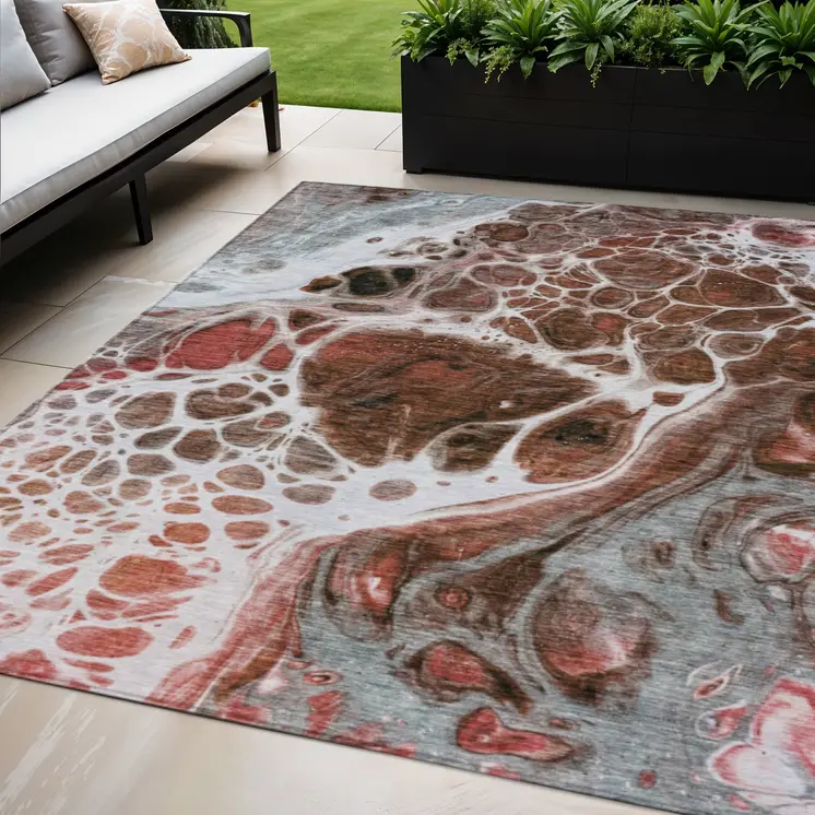 5' X 8' Red Copper And Gray Nautical Washable Indoor Outdoor Area Rug