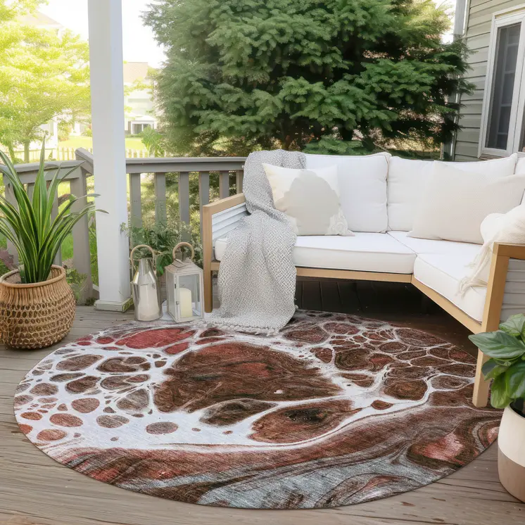 8' Red Copper And Gray Round Nautical Washable Indoor Outdoor Area Rug
