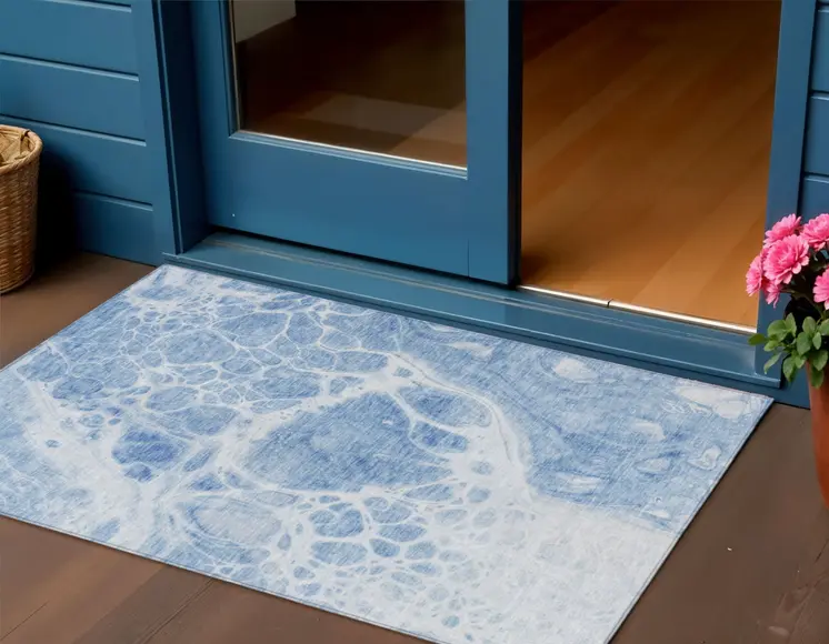 3' X 5' Sky Blue And Denim Blue Nautical Washable Indoor Outdoor Area Rug