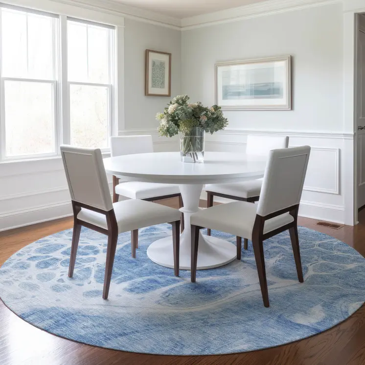 8' Sky Blue And Denim Blue Round Nautical Washable Indoor Outdoor Area Rug