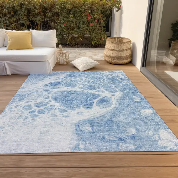 9' X 12' Sky Blue And Denim Blue Nautical Washable Indoor Outdoor Area Rug
