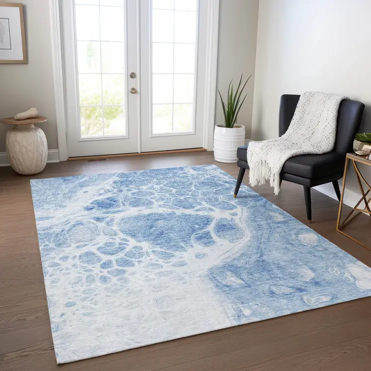 9' X 12' Sky Blue And Denim Blue Nautical Washable Indoor Outdoor Area Rug