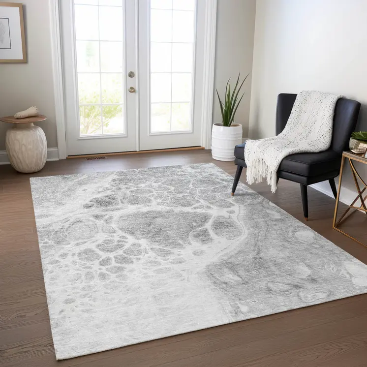 8' X 10' Gray Silver And Ivory Nautical Washable Indoor Outdoor Area Rug