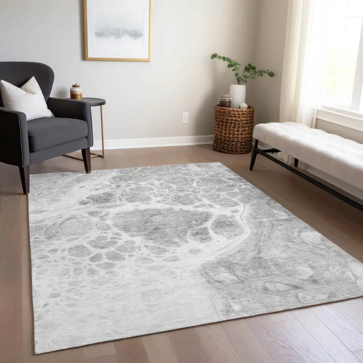 8' X 10' Gray Silver And Ivory Nautical Washable Indoor Outdoor Area Rug